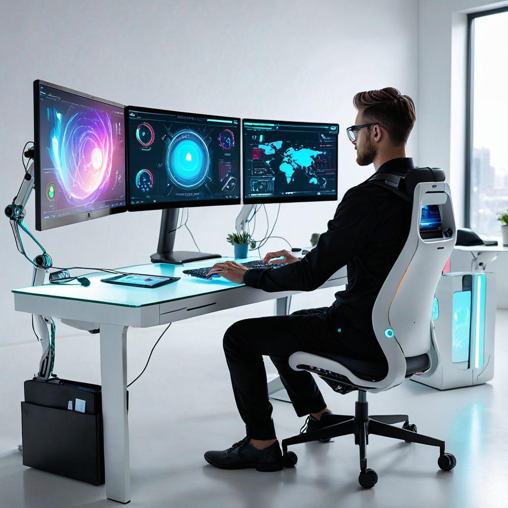 A futuristic workspace with an advanced computer displaying sleek whiping tools, modern UI/UX interface on multiple screens, and holographic elements around; a user in a modern ergonomic chair interacting with the tools. super-realistic. vibrant colors. white background.