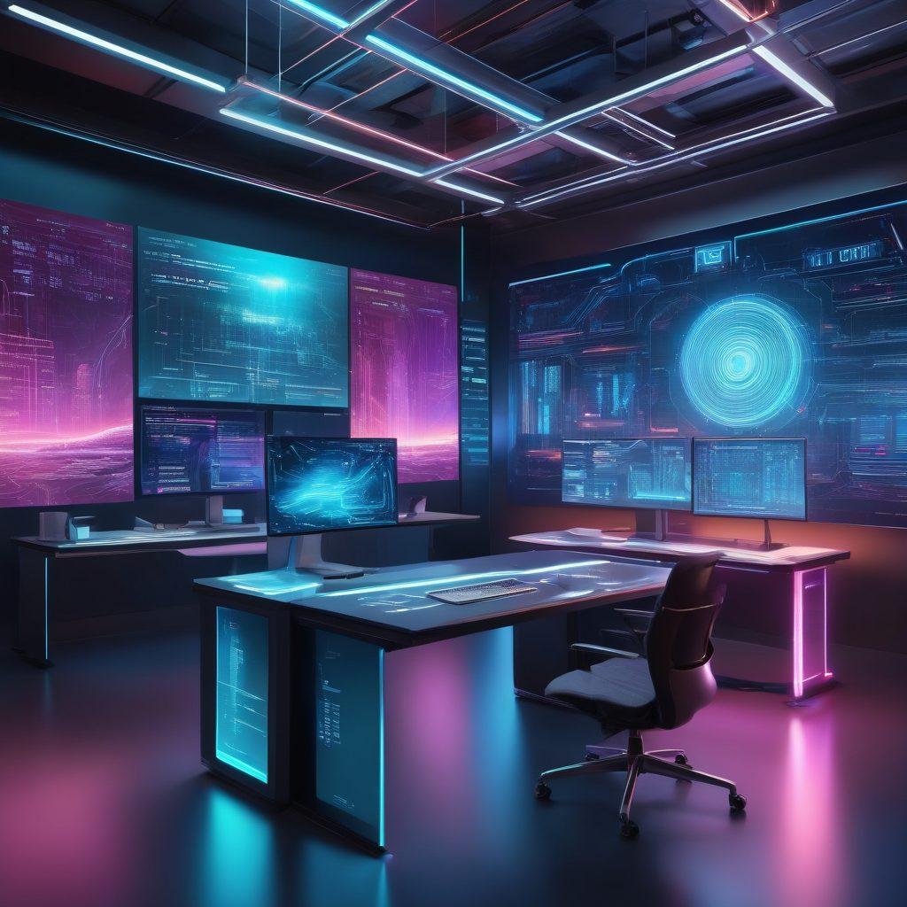 A futuristic digital landscape filled with sleek, interconnected devices, showcasing advanced coding and vibrant data streams. A modern tech workspace with holographic screens, innovative web interfaces, and a dynamic web developer at the center. super-realistic. vibrant colors. 3D.