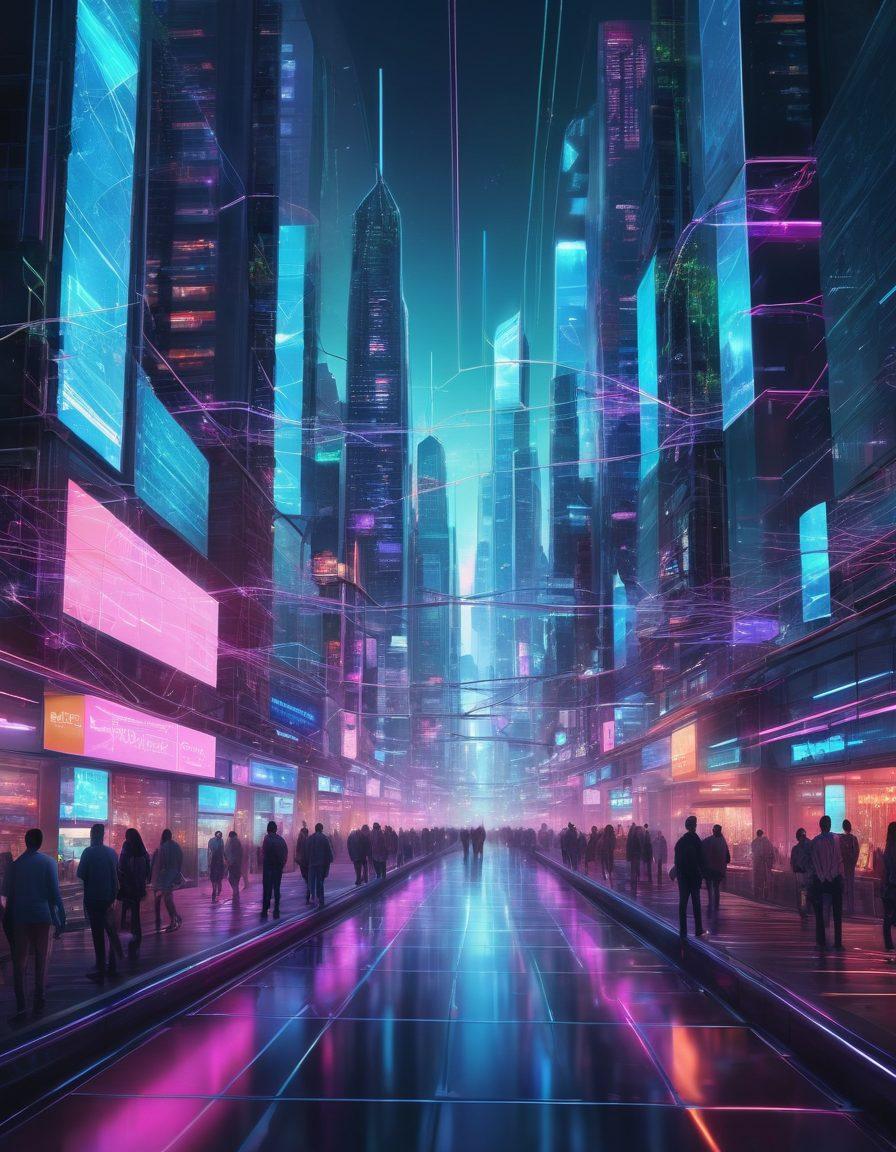 A futuristic cityscape with towering digital platforms interconnected by glowing networks. Individuals and businesses navigating these platforms with holographic interfaces, showcasing data flows and digital transformations. Super-realistic and vibrant colors with a touch of neon. Digital art style.